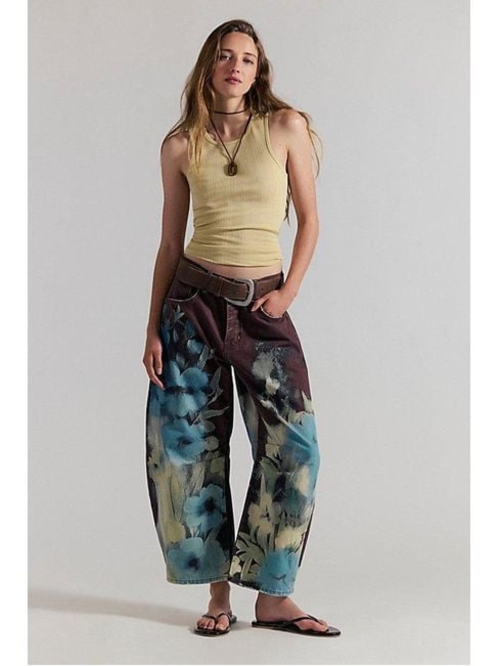 Free People Wide-Leg Painterly Floral Pants in Teal & Brown - Picture 2 of 8